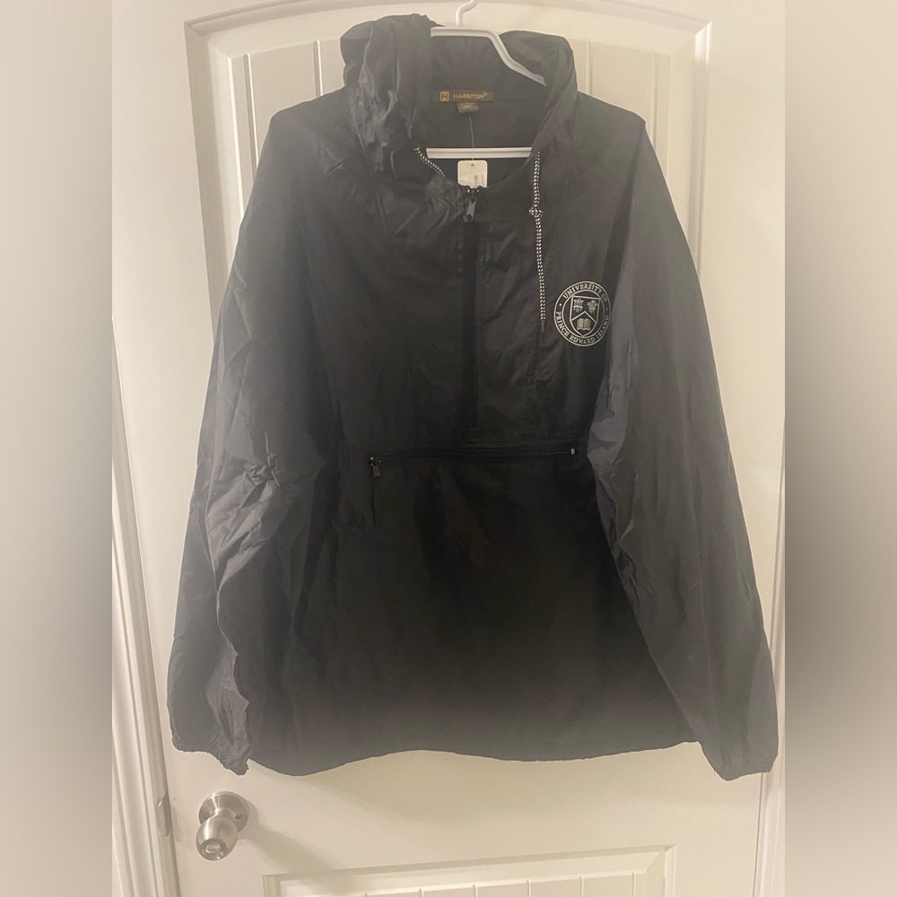 Harriton Black Windbreaker Jacket UPEI logo. Nwt packable size XXL